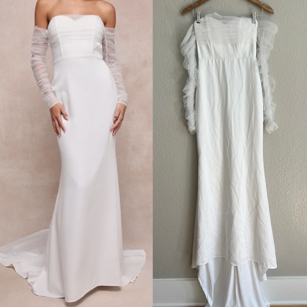 NWOT Eternal Bliss White Tulle Off-the-Shoulder Bustier Maxi Dress